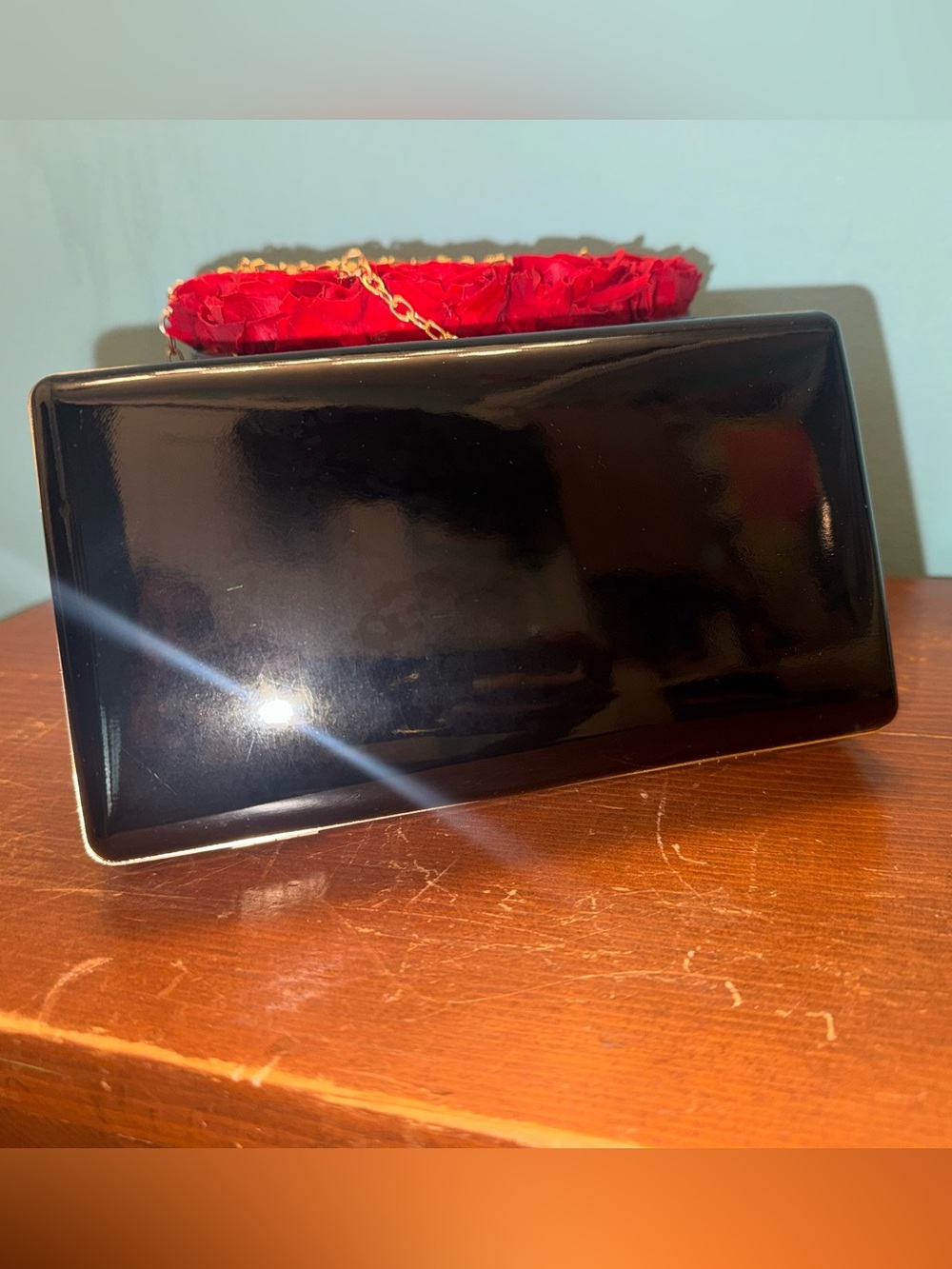 Black Patent Structured Clutch Evening Bag Gold Chain Strap Cocktail Purse